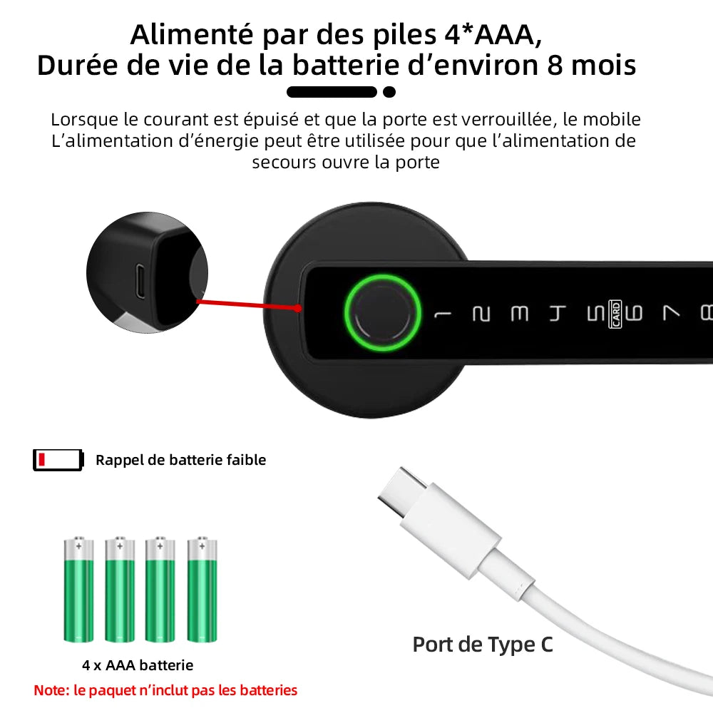 Serrure Électronique Intelligente 6 options d'ouverture – Empreinte, Mot de Passe, Carte, Clé, App Bluetooth & Code Temporaire