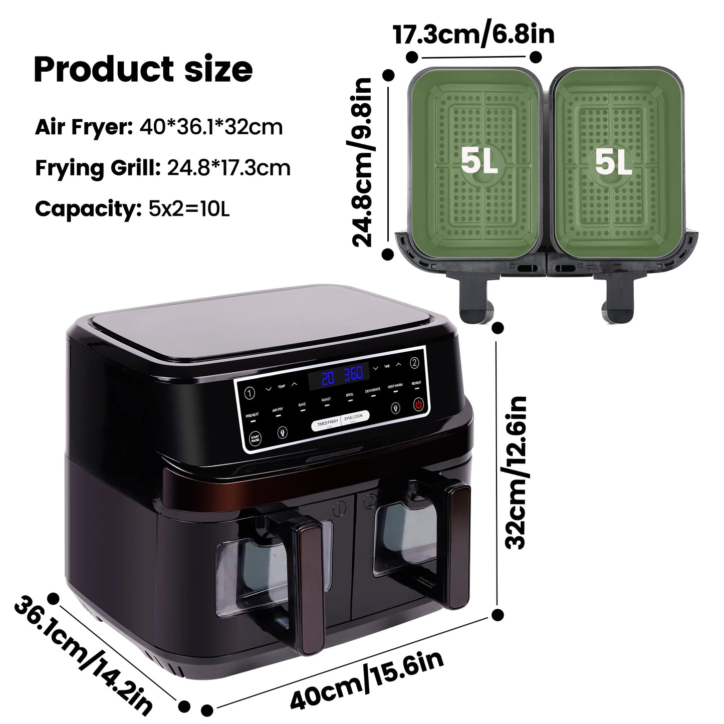 Air Fryer 10L Double Tiroirs avec Vitre – Friteuse à Air Chaud 2000W, Écran Tactile 8 Programmes Automatiques