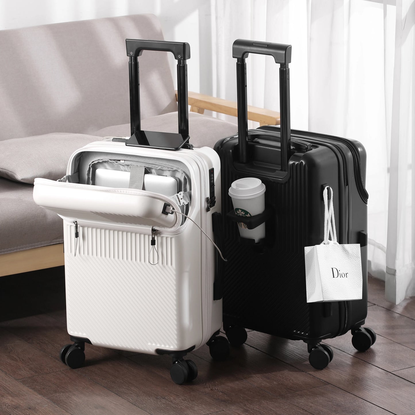 Valise d'affaires élégante avec porte-gobelet compact et chargeur de téléphone intégré