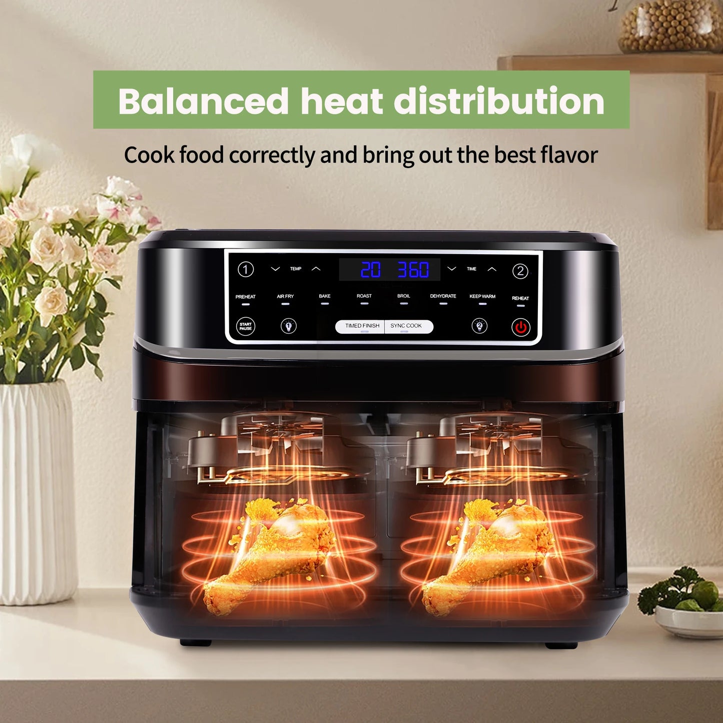 Air Fryer 10L Double Tiroirs avec Vitre – Friteuse à Air Chaud 2000W, Écran Tactile 8 Programmes Automatiques