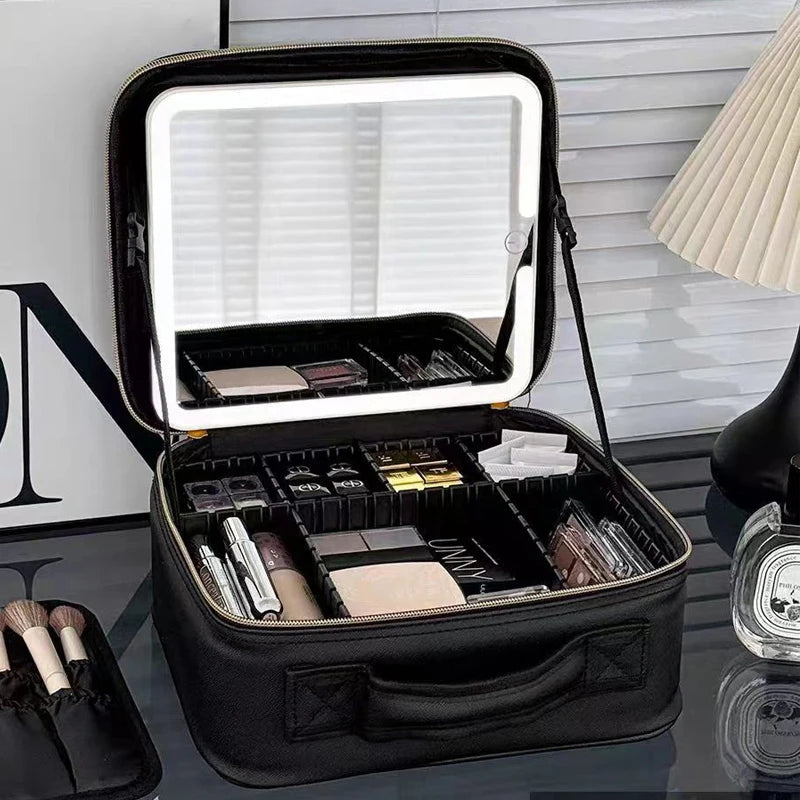 Trousse de Maquillage Imperméable avec Miroir LED – Grande Capacité