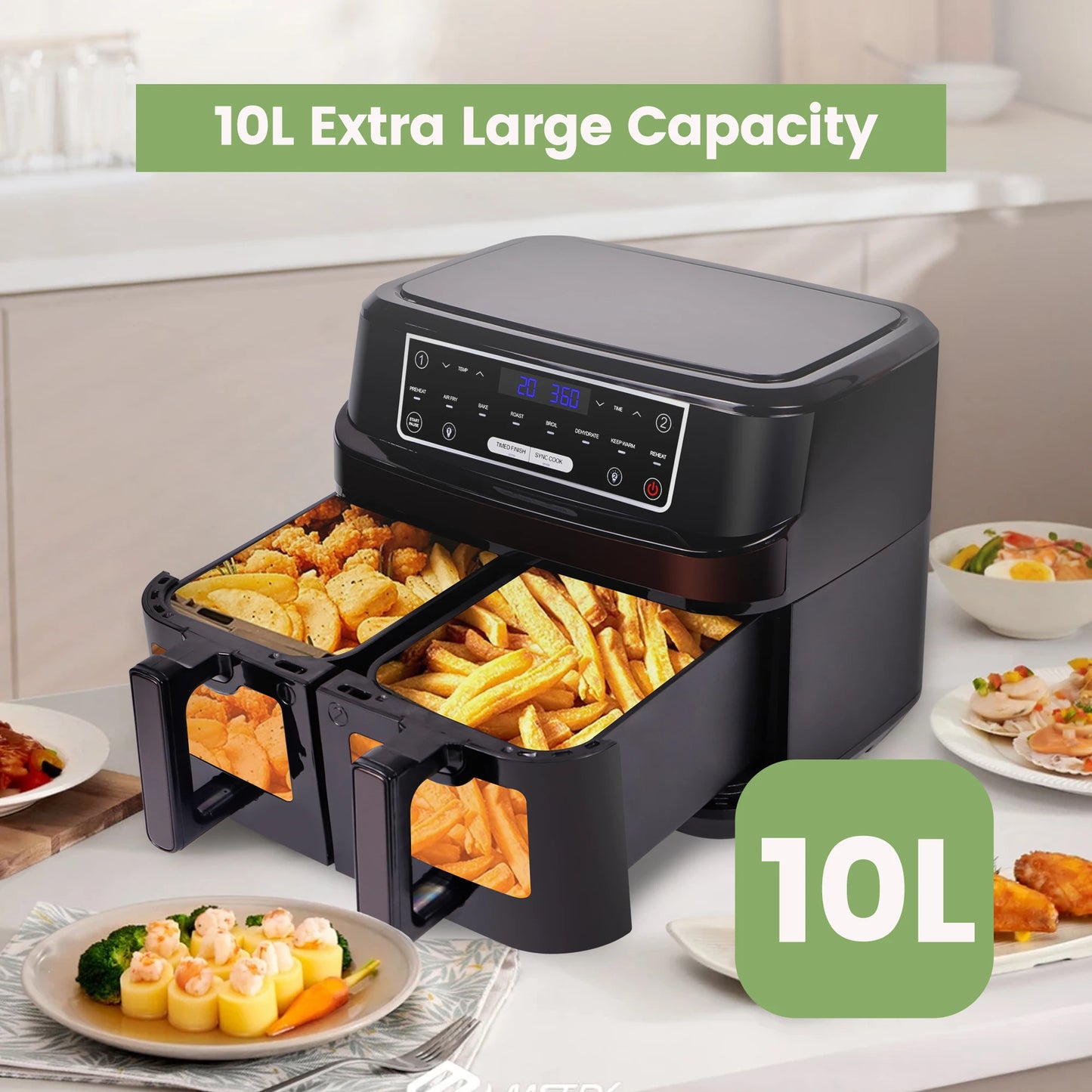 Air Fryer 10L Double Tiroirs avec Vitre – Friteuse à Air Chaud 2000W, Écran Tactile 8 Programmes Automatiques