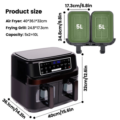 Air Fryer 10L Double Tiroirs avec Vitre – Friteuse à Air Chaud 2000W, Écran Tactile 8 Programmes Automatiques