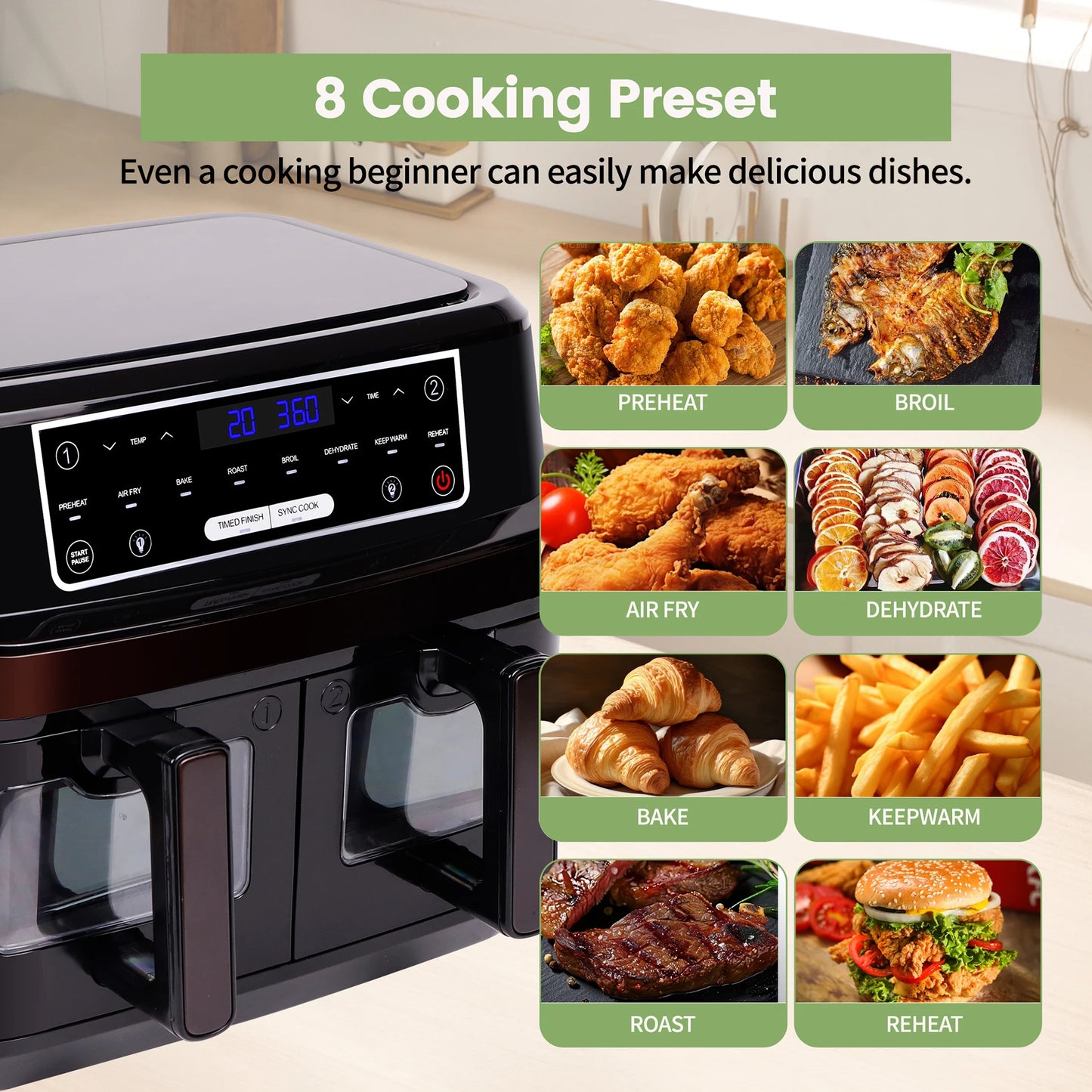 Air Fryer 10L Double Tiroirs avec Vitre – Friteuse à Air Chaud 2000W, Écran Tactile 8 Programmes Automatiques